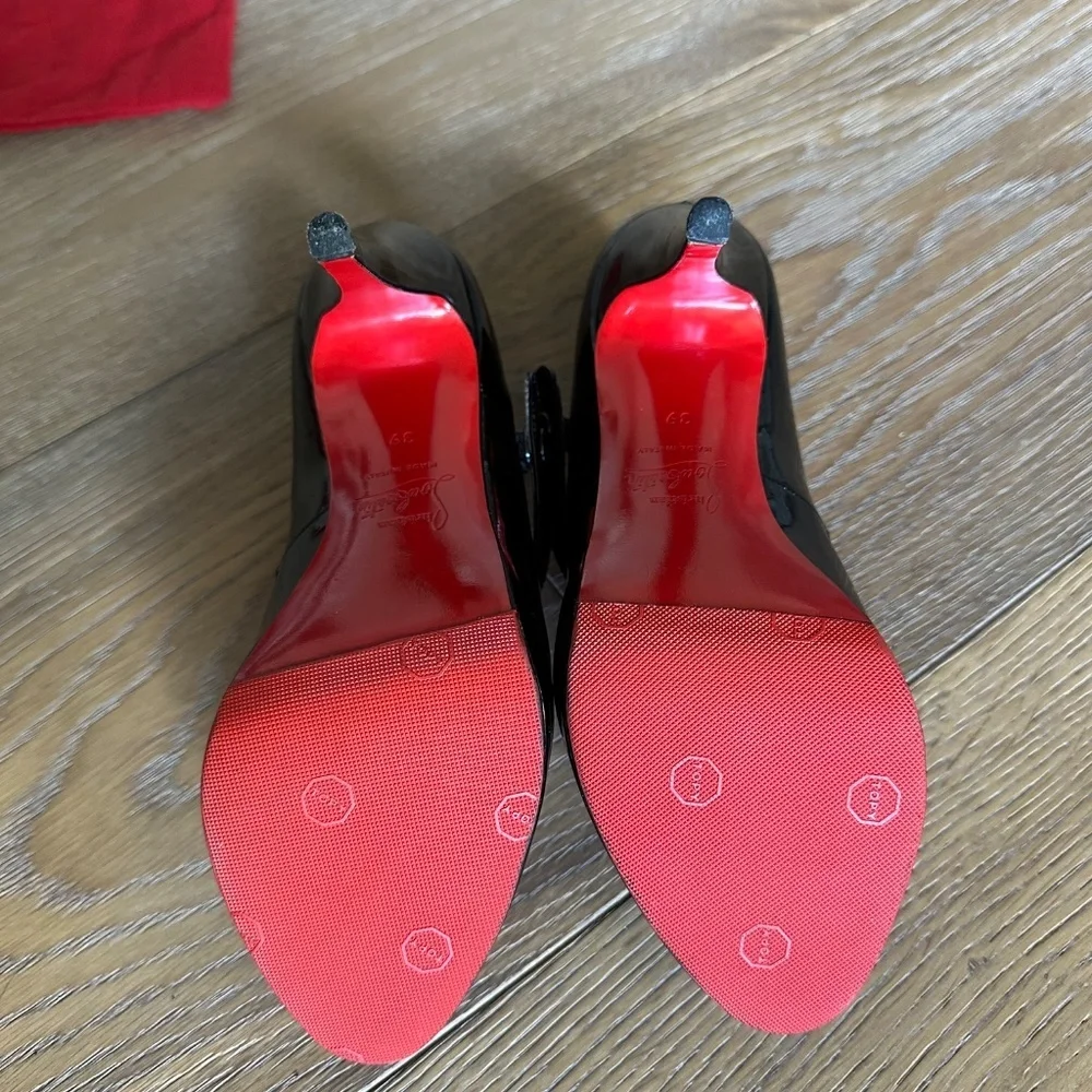 Authentic Christian Louboutin Black Patent Mary Jane Peep Toe Platform Heels